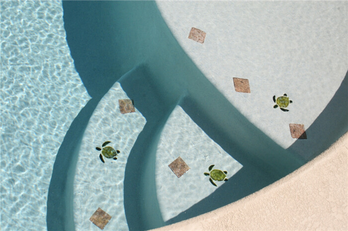 several pieces of tiles and ceramic turtles decorated on pool step.jpg