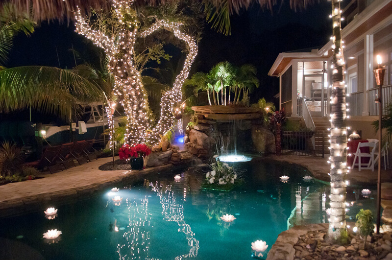 Christmas pool party with beautiful light