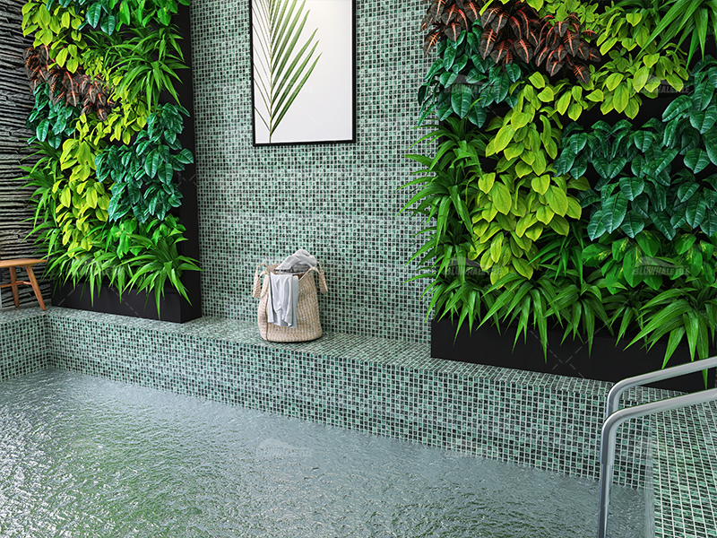 1x1 green stone look mosaic tile for indoor spa