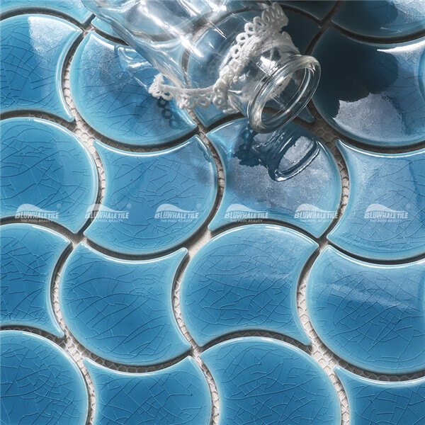 Forma de ventilador congelado Crackle BCZ611-B,diseños de mosaico de la piscina, baldosas de porcelana a escala de pescado, azulejos de la piscina