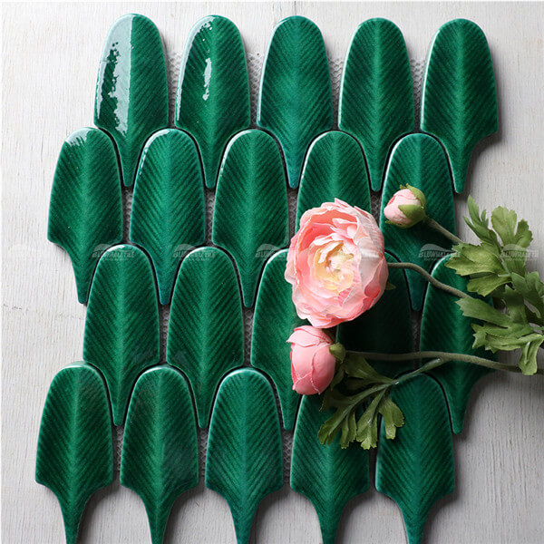 Plumaje verde oscuro BCZ601S,azulejo patrón de plumas, azulejos hechos a mano para la venta, azulejos de baño de mosaico de cerámica