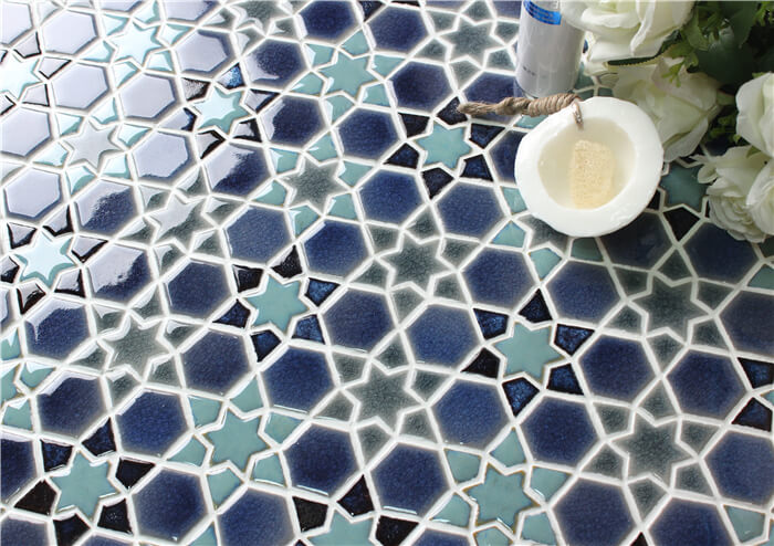 blue snowflake geometric pool tile hexagon triangle rhombus chips mixedjpg