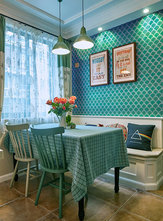 pastoral style dining room with green fan shaped tiled wall.jpg