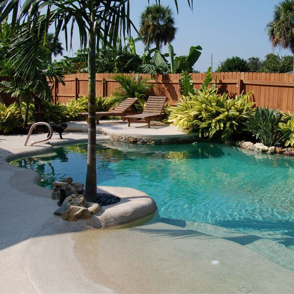 a beach entry pool with green plant around