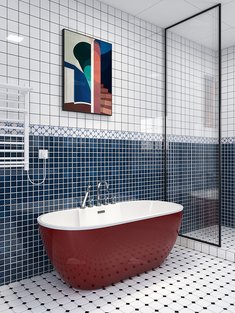 48x48 dark blue kiln glazed mosaic tile as shower decor
