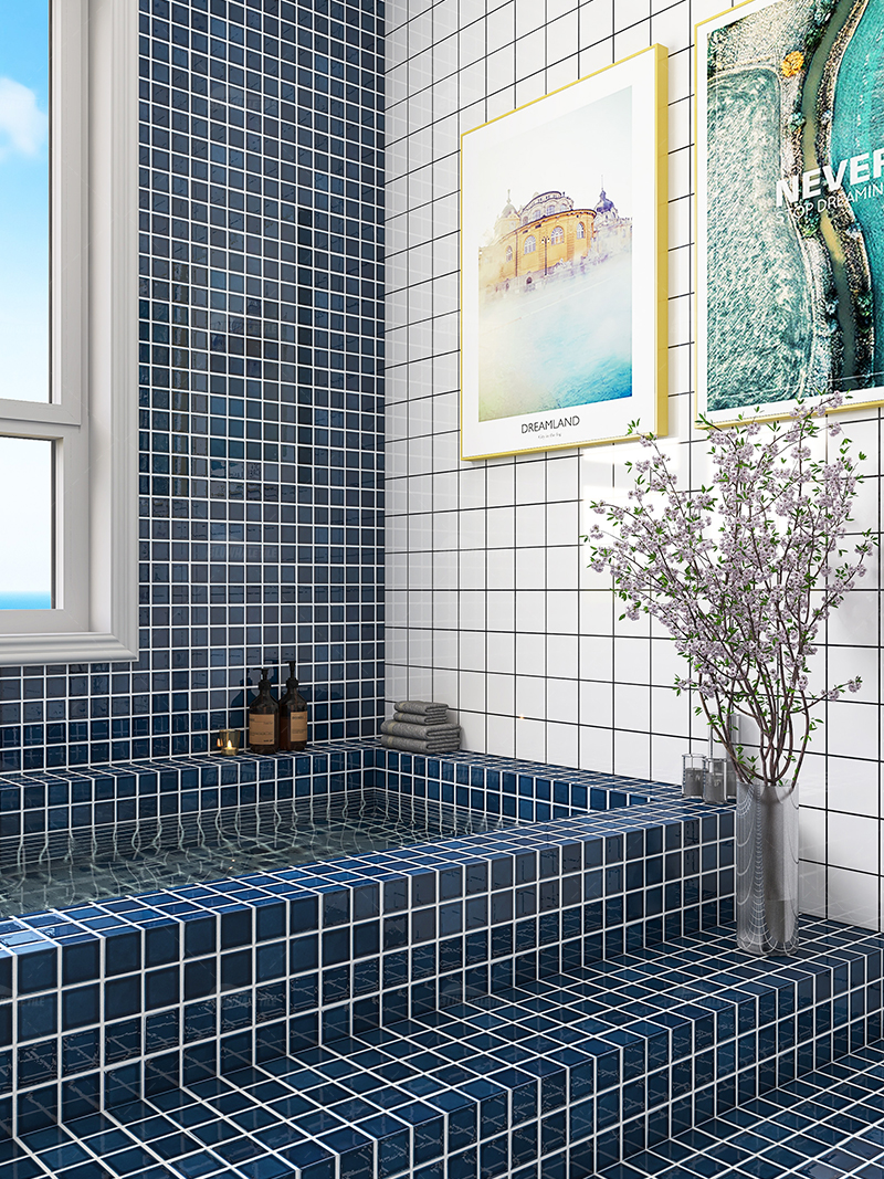 square blue mosaic tile as steps