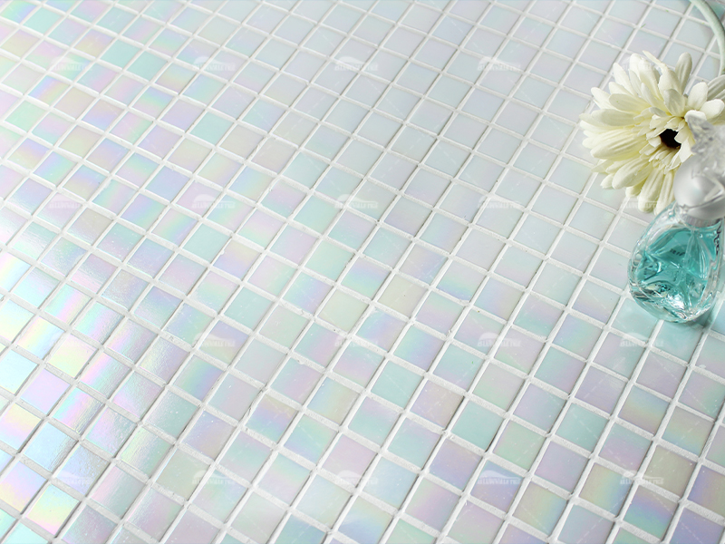 iridescent white glass tile for pool waterline