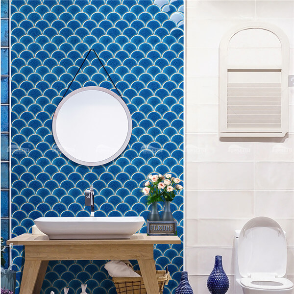 Frozen Fan Shape Crackle BCZ714-B,tuile marocaine d’échelle de poisson, tuiles bleues de mur de salle de bains, mosaïque de piscine en gros des tuiles
