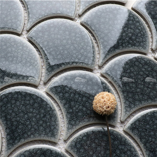Forma de ventilador congelado Crackle BCZ316,azulejo de la escala del pez negro, baldosa de mosaico en forma de ventilador, pared de la ducha del mosaico