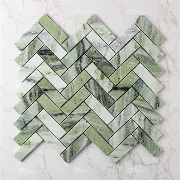 Herringbone Polished Natural Stone Marble Ming Green ZOJ5703,marble mosaic, green marble mosaic tile, herringbone marble mosaic tile