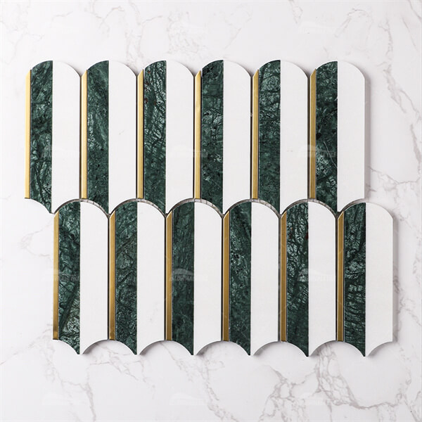 Feather Waterjet Marble White Dark Green Mix Stainless Steel ZOJ5002,marble mosaic tile, waterjet mosaic marble, mosaic marble tiles